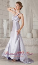 2013 Lilac Column Straps Brush Train Satin Beading Prom / Celebrity Dress