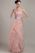 2013 Light Pink Column / Sheath One Shoulder Floor-length Organza Ruffles Prom Dress