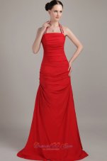 2013 Red Column / Sheath Halter Floor-length Chiffon Ruch Prom Dress