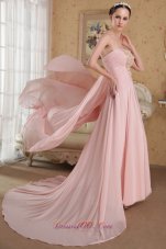 2013 Baby Pink A-Line / Princess Strapless Brush Train Chiffon Beading and Hand Made Flowers Prom / Evening Dress
