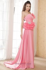 2013 Watermelon Empire Sweetheart Prom Dress Hand Made Flower and Beading Chiffon Brush Train