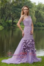 2013 Lilac Column / Sheath One Shoulder Sweep / Brush Organza Hand Flowers Prom Dress