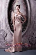 2013 Pretty Light Pink Column Prom Dress Straps Elastic Woven Satin Beading Brush Train