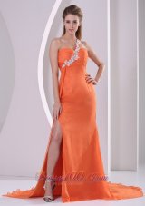 Best Orange Red One Shoulder High Slit Court Train 2013 Plus Size Prom Pageant Dress Appliques and Ruch