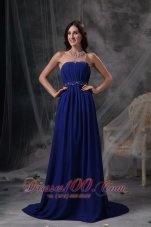 Best Discount Royal Blue Empire Evening Dress Strapless Chiffon Beading and Ruch Brush Train