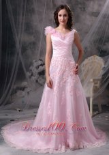 Best Pretty Baby Pink Princess V-neck Evening Dress Chiffon Appliques and Ruch Floor-length