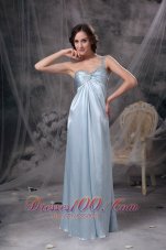 Best Light Blue Elegant Bridesmaid Dress Column One Shoulder Elastic Woven Satin Beading and Ruch Floor-length