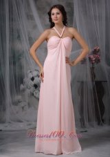 Best Pink Empire Halter Floor-length Chiffon Ruch Prom Dress