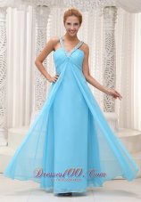 Best Beaded Decorate V-neck Ruched Bodice Aqua Blue Chiffon Prom / Evening Dress For 2013