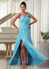 Best High Slit Aqua Blue Prom Dress One Shoulder Chiffon Watteau Train In Kansas