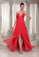 Best High Slit Coral Red V-neck Long Prom Dress With Chiffon