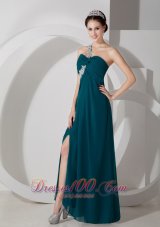 Best Simple Green Empire One Shoulder Prom Dress Chiffon Ruch and Appliques Floor-length