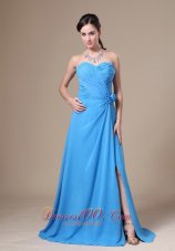 Best Teal High Slit Sweetheart Neckline Ruch and Flowers Decorate Bridesmaid Dress
