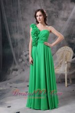 Best Customize Green Empire One Shoudler Prom Dress Chiffon Hand Made Flowers Floor-length