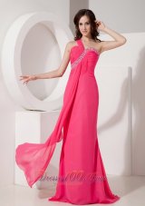 Best Popular Hot Pink Column Evening Dress One Shoulder Chiffon Beading Floor-length