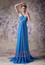 Best Blue Empire / Princess One Shoulder Prom Dress Brush Train Chiffon Beading