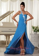Best Appliques Decorate One Shoulder Sky Blue High Slit Prom Dress Brush Train