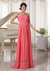 Best Watermelon Red Empire Chiffon Prom Dress With Beading and Ruch