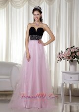 Best Pink and Black A-line Sweetheart Floor-length Taffeta and Tulle Beading Prom Dress