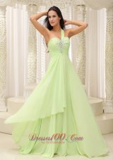 Best Yellow Green One Shoulder and Ruched Bodice Beaded Decorate Bust For 2013 Prom Dress