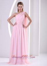Best Discount One Shoulder Watteau Train Ruched Bodice 2013 Bridesmaid Dress Baby Pink Chiffon
