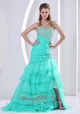Best Aqua Blue Ruched Layered Beaded Decorate and Ruch Bodice Sweetheart Celebrity Dress