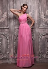 Best Rose Pink Empire One Shoulder Floor-length Chiffon Beading Prom / Evening Dress