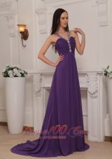 Best Purple Empire V-neck Brush Train Chiffon Beading and Ruch Prom / Pageant Dress
