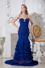 Best Beautiful Royal Blue Mermaid Ruffled Prom Dress Sweetheart Brush Train Chiffon Beading