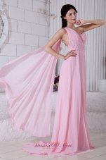 Best 2013 Baby Pink Empire One Shoulder Beading Prom / Evening Dress Watteau Train Chiffon