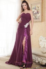 Best Dark Purple Column Sweetheart Prom Dress Chiffon Appliques Brush Train