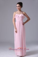 Best Halter Pink Chiffon Column 2013 Prom Dress With Ruched