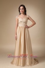 Best Gold Column Sweetheart Brush Train Taffeta Ruch Prom Dress