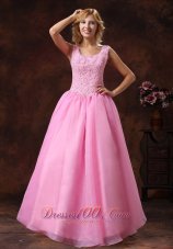 Clearence Rose Pink Wide Scoop Lace-up Princess Prom Dress For Party Appliques Decorate