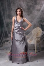 Clearence Modest Grey A-line Mother of the Bride Dress V-neck Satin Beading and Ruch Floor-length