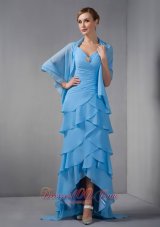 Clearence Custom Made Sky Blue Column Mother Of The Bride Dress Straps Beading and Ruch Brush Train Chiffon