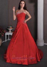Clearence Popular Red Wedding Dress A-line One Shoulder Court Train Taffeta Appliques