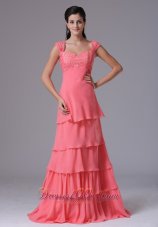 Clearence 2013 Watermelon Ruffled Layeres Square Column Stylish Prom Dress With Appliques In Brookfield Connecticut