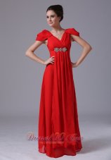 Clearence Beading V-neck Empire Chiffon Short Sleeves Red Chiffon Prom Dress