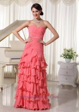 Clearence Watermelon Red Chiffon Layered Column Prom Dress With Sweetheart Ruched Up Bodice and Beading Decorate Waist