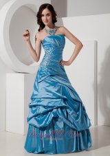 Clearence Sky Blue A-Line / Princess Strapless Prom Dress Taffeta Beading Floor-length