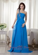 Clearence Blue Empire One Shoulder Brush Train Chiffon Appliques Prom Dress