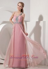 Clearence Pink Column One Shoulder Prom Dress Chiffon Beading Floor-length