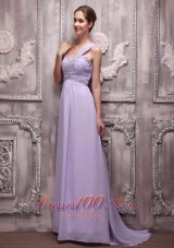 Clearence Lilac Empire One Shoulder Brush Train Chiffon Beading Prom / Evening Dress