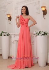 Clearence Watermelon Empire One Shoulder Brush Train Chiffon Handle Flowers Prom / Pageant Dress