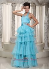 Clearence Aqua Blue Empire Halter Floor-length Organza Beading Prom / Evening Dress