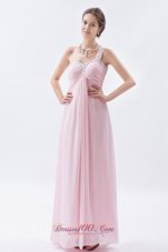 Clearence Baby Pink Empire One Shoulder Prom Dress Chiffon Beading Floor-length