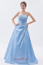 Clearence Baby Blue A-line / Sheath Strapless Prom Dress Taffeta Appliques Floor-length