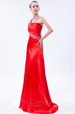 Clearence Red Column One Shoulder Prom Dress Taffeta Beading and Ruch Brush Train