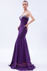 Clearence Purple Trumpet Sweetheart Beading and Ruch Prom Dress Brush Train Chiffon